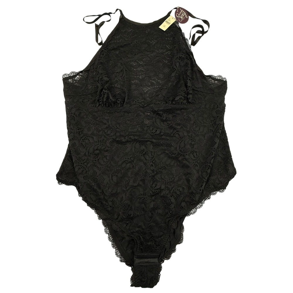 Cacique Bodysuit Womens 22/24 Black Lingerie Lace Halter Snap Crotch Lane Bryant